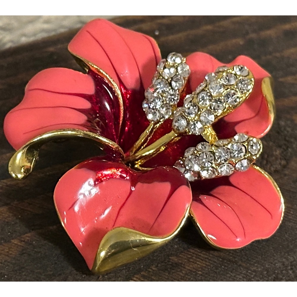 Vtg Hibiscus Flower Brooch Coral Pink Red Enamel Rhinestone Gold Tone Floral Pin